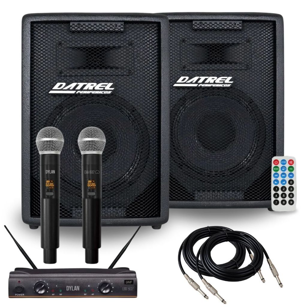 Kit 2 Caixas Som 300w Ativa Passiva Acustica Profissional + Microfone Duplo Sem Fio Dylan Cardioide