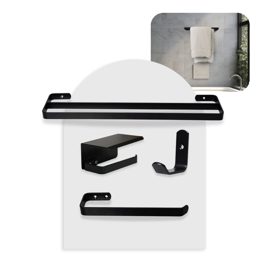 Kit Acessórios Para Banheiro Preto 4 Peças Toalheiro Duplo Suporte Celular Preto