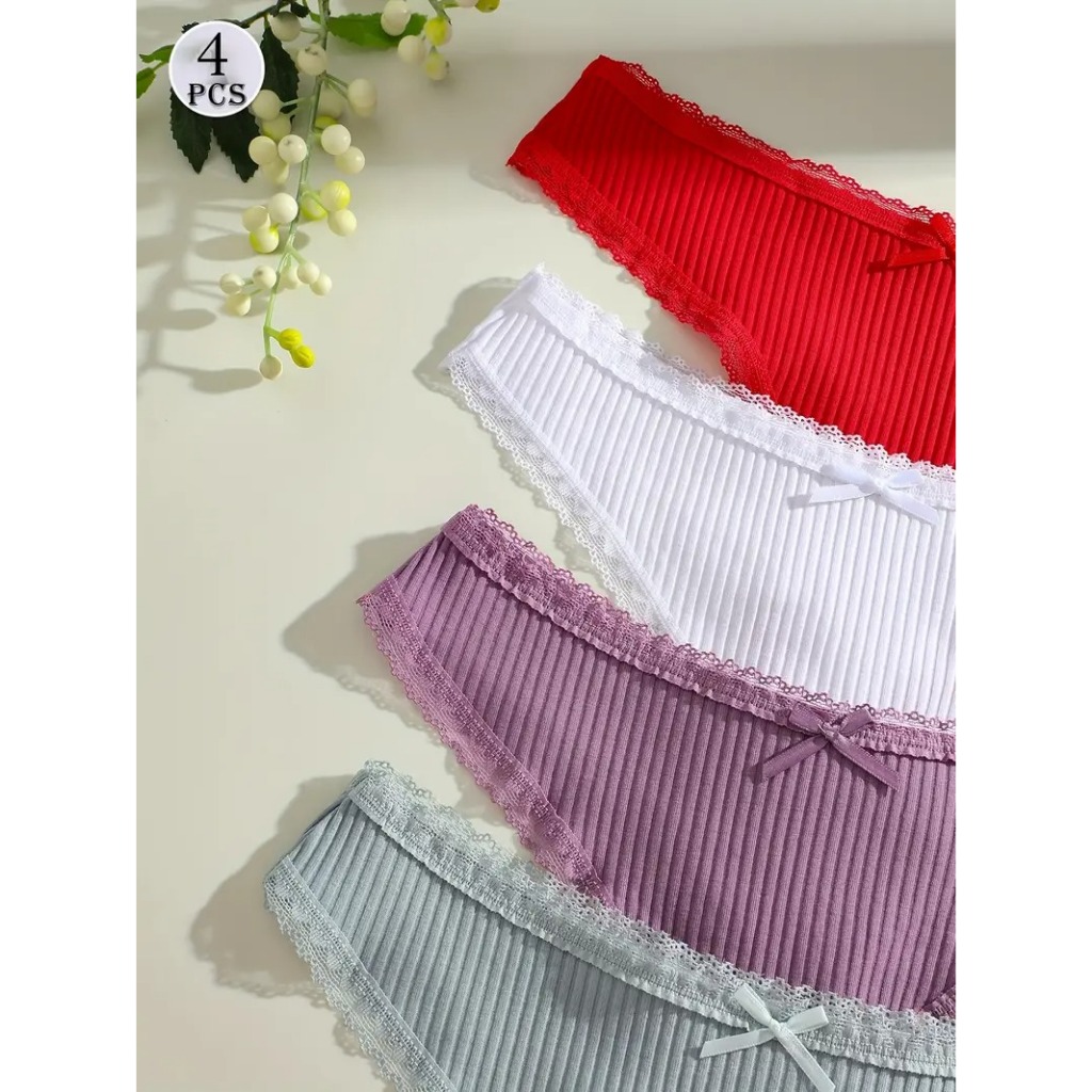 Kit 4 Calcinha Canelada Algodão Fio Dental  em Renda Confortável Dia a Dia Lingerie Moda Intima