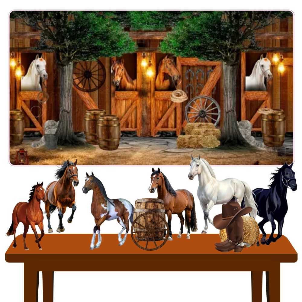 Kit Decoração Festa Painel Banner + 8 Displays Celeiro Haras Cavalos Country em Oferta na Shopee