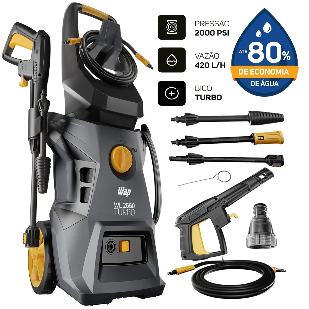 Lavadora de Alta Pressão 1800W 2000PSI Com Rodas E Aplicador de Detergente WL 2660 TURBO Wap em Oferta na Shopee