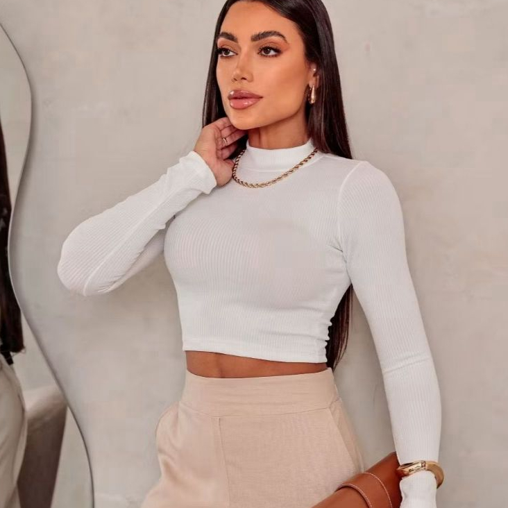 Blusa Feminina Cropped Lisa em Tecido Canelado Tamanho M e GG - Gola Alta | Manga Longa