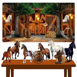 Kit Decoração Festa Painel Banner + 8 Displays Celeiro Haras Cavalos Country em Oferta na Shopee