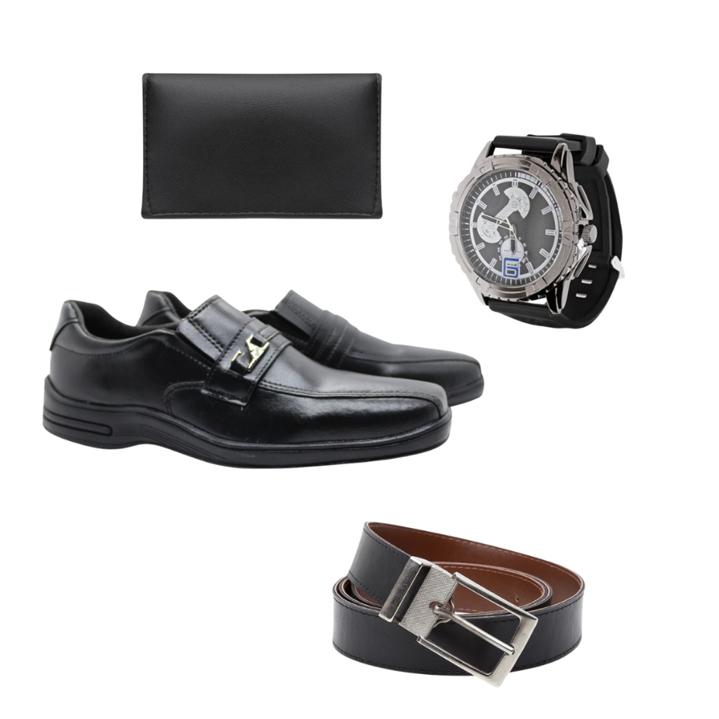 Kit 4 em 1 Sapato Mocassim Preto+Cinto+Carteira+Relógio Calce Fácil Versátil
