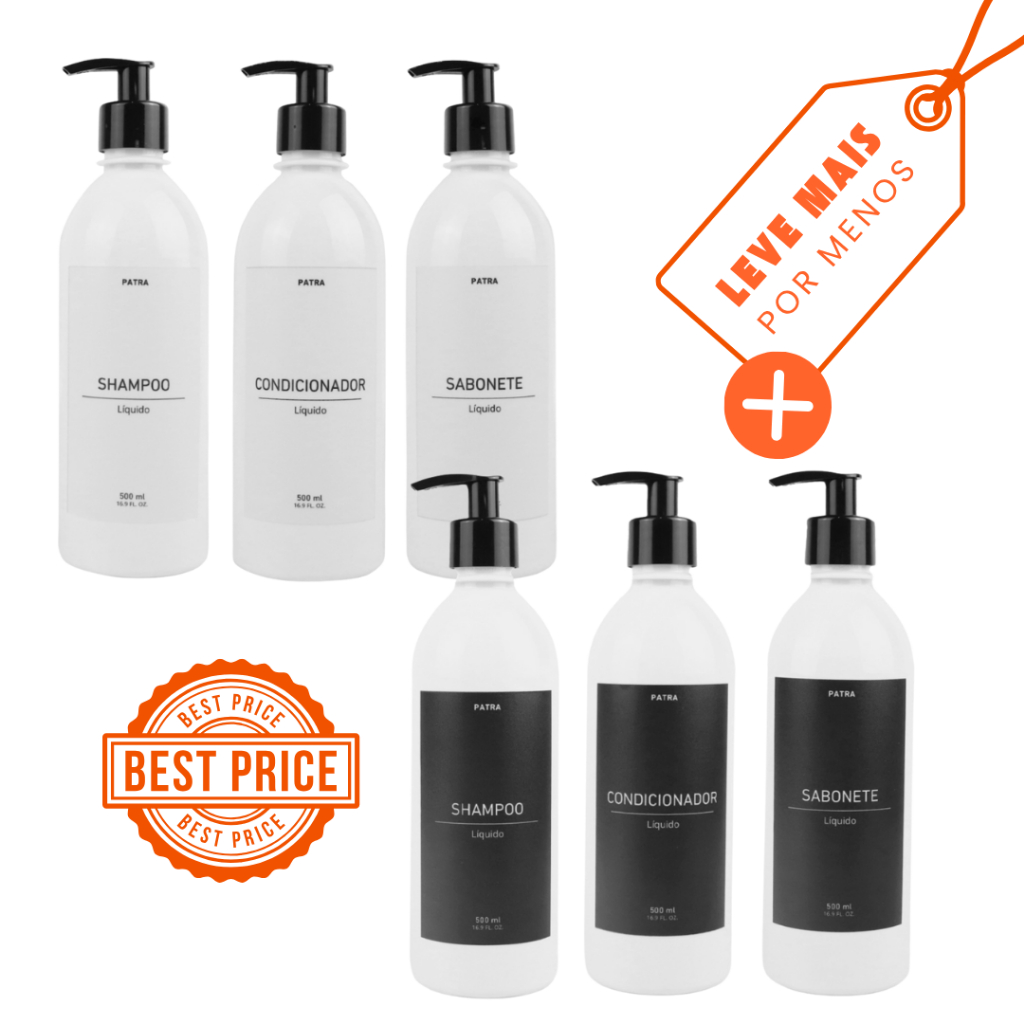 2 Kit Banho Frasco Branco 3pçs Shampoo Condicionador e Sabonete líquido Dispenser 500ml Caçula
