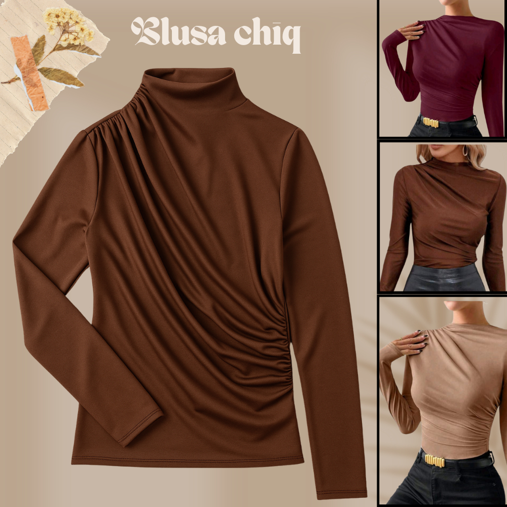 Blusa Feminina Elegante Marrom Manga Longa Suplex DRAPEADA Gola Alta Tendencia 2026 Blusinhas Moda em Oferta na Shopee