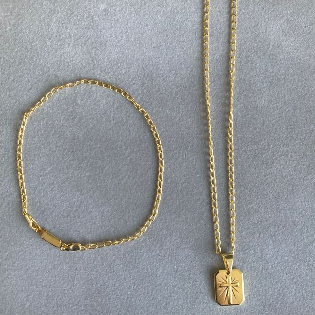 Cordão Corrente Pitbull 2mm Banhada a Ouro 18k Masculino Kit Pulseira e Colar Pingente Plaquinha Crz