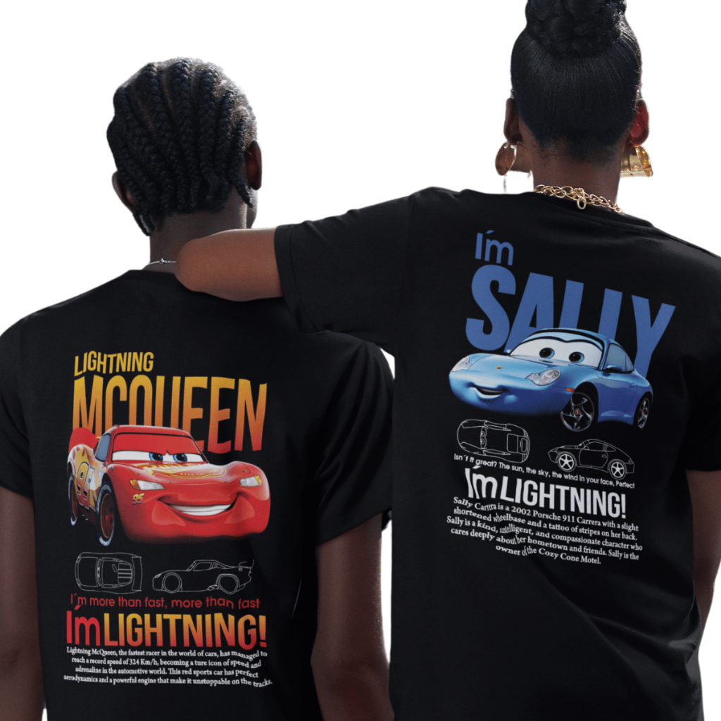 Camiseta Casal Relâmpago Mcqueen E Sally Filme Carros Oversized Moda Streetwear  Tendência Geek Blusa 100% Algodão