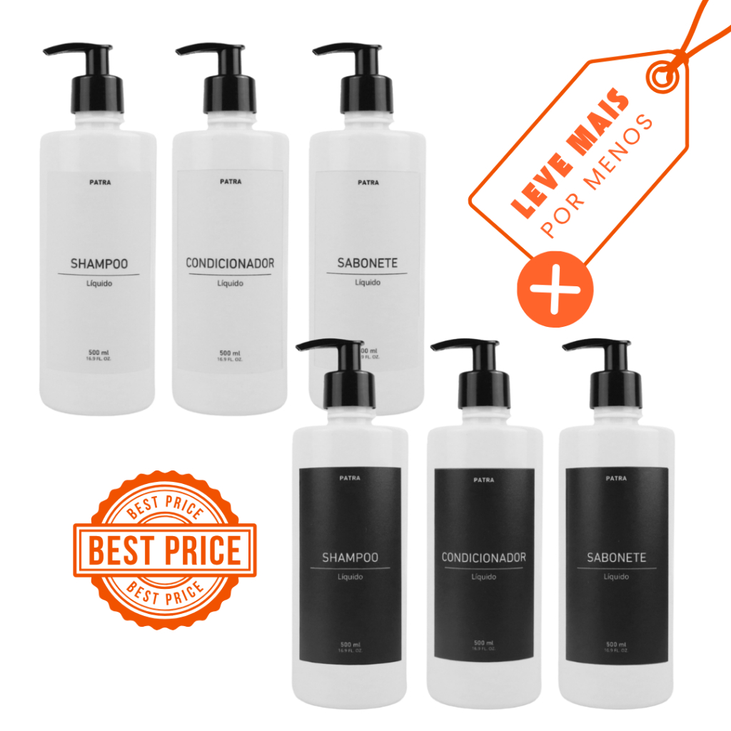 2 Kit Banho Frasco Branco 3pçs Shampoo Condicionador e Sabonete líquido Dispenser 500ml Cil.