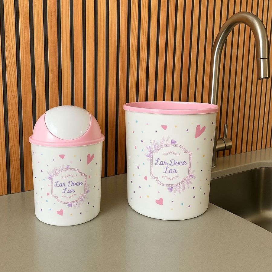 Conjunto 2 Peças Lixeira e Pote 4 Litros Rosa Doce Lar Pedreira Utilidades