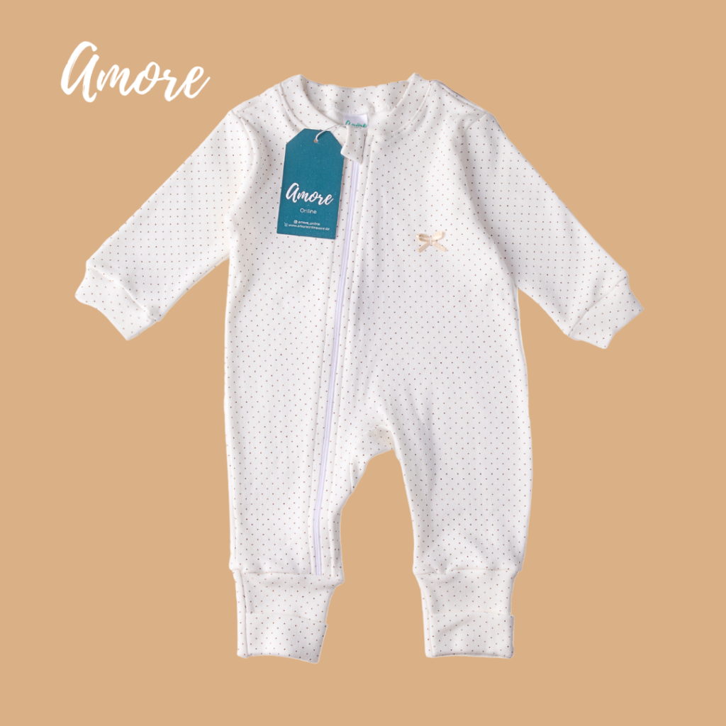 Macacão de Bebê Amore Vira Pé Bolinha Com Zíper 100% Algodão em Oferta na Shopee