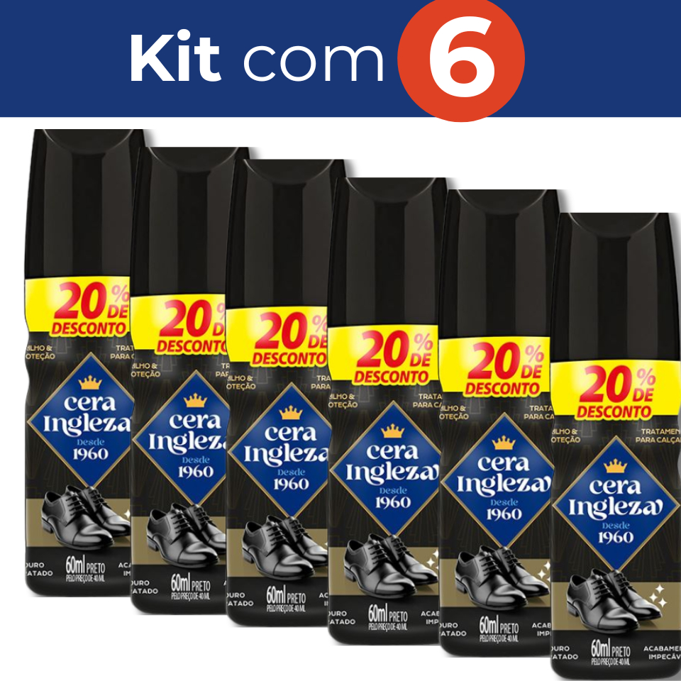 Kit 6 Graxa para Sapato Liquida Ingleza para Calçados Botinas Botas Sapatos Polidor Proteção Brilho Preto 60ml