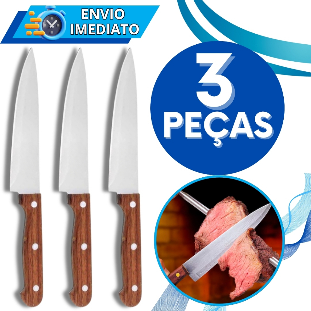 KIT Jogo 3 Faca De Cozinha Churrasco Aço Inox Profissional  8 Polegadas Cabo de Madeira Para Casa Restaurante Açougue