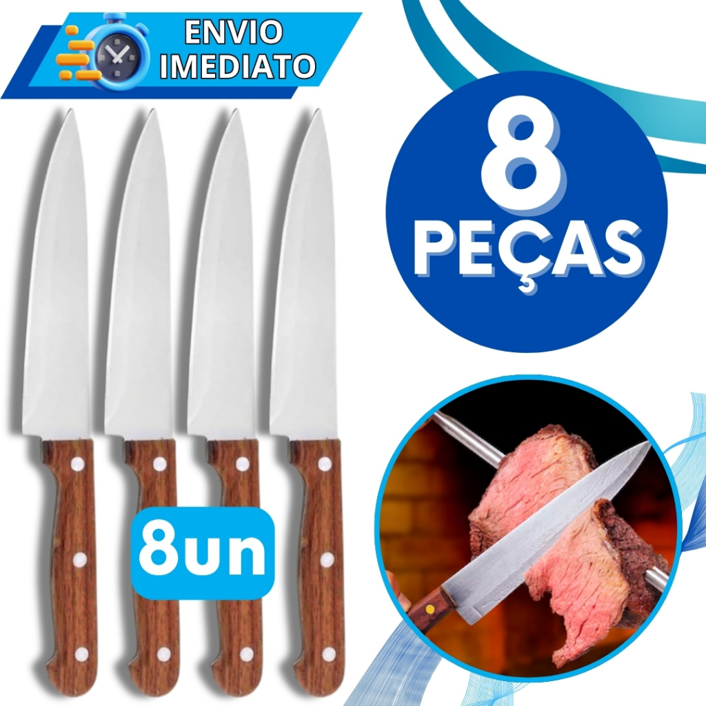 KIT Jogo 8 Faca De Cozinha Churrasco Aço Inox Profissional  8 Polegadas Cabo de Madeira Para Casa Restaurante Açougue
