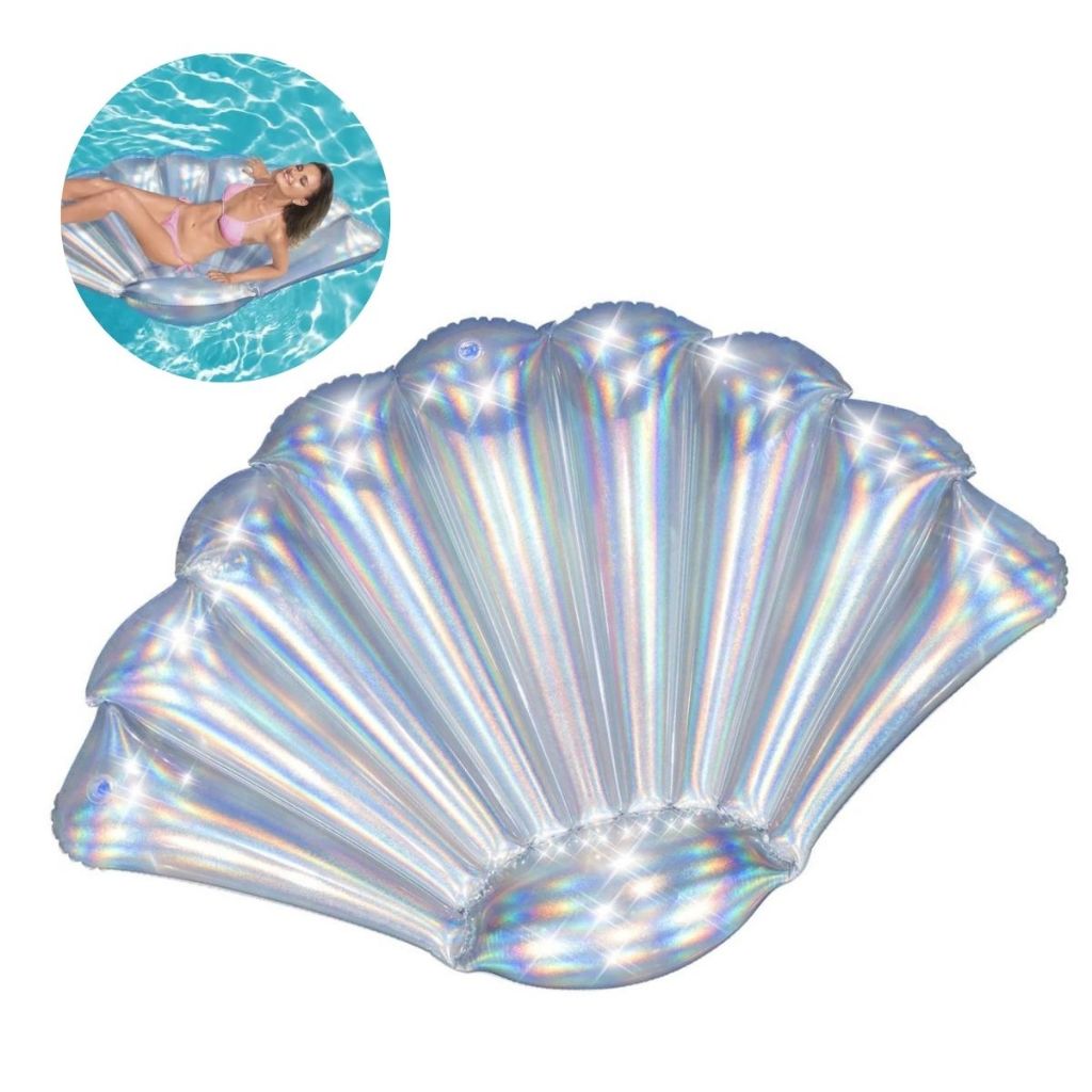 Boia Concha Mar Metalizada Glitter Ilha Colchão Bronzeador Inflável Gigante Piscina Praia Prata