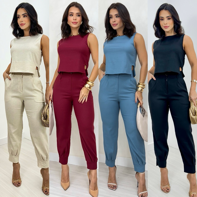 Conjunto Alfaiataria Feminino Advogada LINHO Calça Com Punho + Regata Com Detalhe Na Lateral em Oferta na Shopee