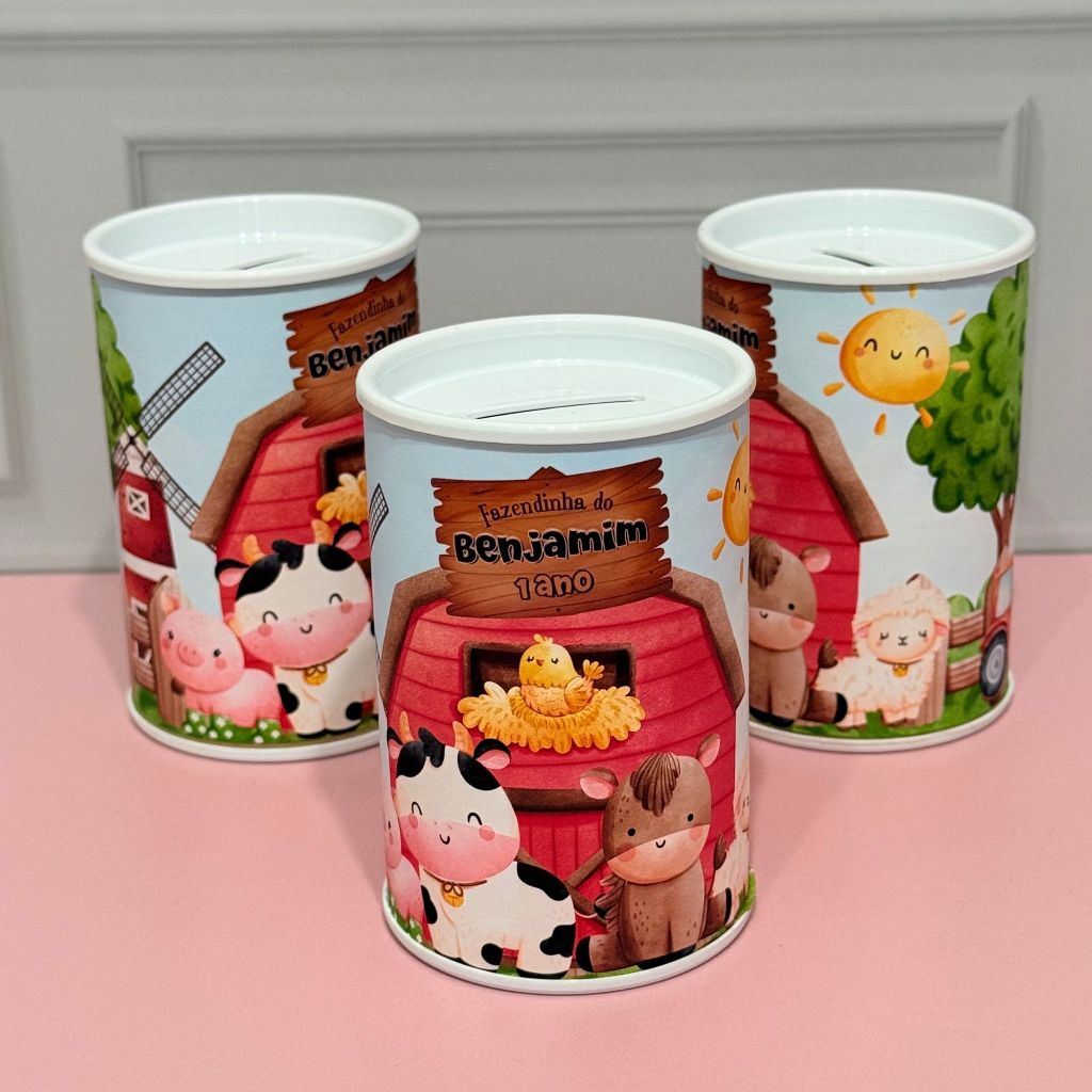Cofrinho Personalizado Fazendinha com embalagem + laço + tag - FAZEMOS EM TODOS OS TEMAS em Oferta na Shopee