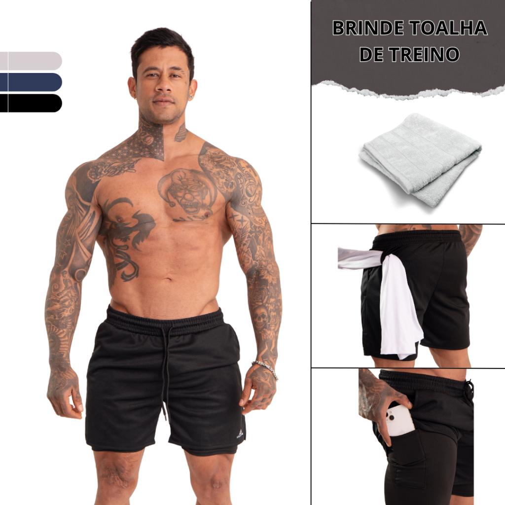 Short Duplo Masculino 2 em 1 Compressão Bolso Interno Porta Toalha Dry Fit Ultra Conforto Academia