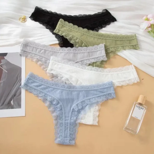 5 Calcinhas em Algodão Canelado Fio Dental com Renda  Conforto e Sensualidade Moda Íntima Feminina — imagem 1
