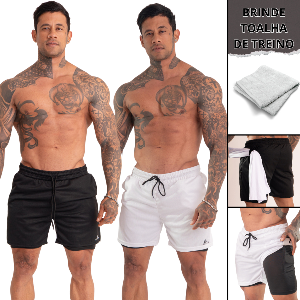 Kit 2 Short Duplo Masculino 2 em 1 Compressão Bolso Interno Porta Toalha DryFit Conforto Academia