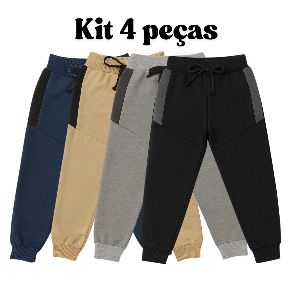 Kit 4 Calças de Moletom  Moletinho Premium com Cadarço ajustável ideal para Escola e dia a dia em Oferta na Shopee