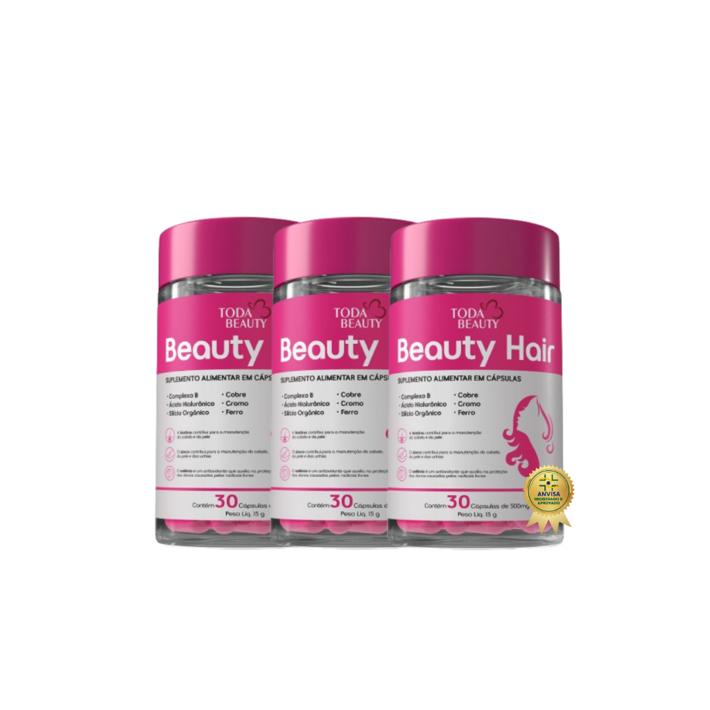 Kit com 3 - Biotina + B12 + Acido Fólico + 8 Vitaminas Cabelo Pele Unhas - 30 Cápsulas Beauty Hair