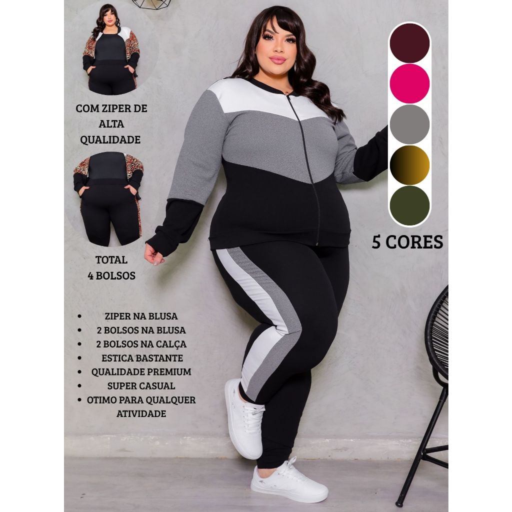 Conjunto Feminino Plus Size G1234 Blusa de Frio Manga Longa Com Ziper e Calça Slim Com Bolsos Tecido Crepe  Inverno Moda em Oferta na Shopee