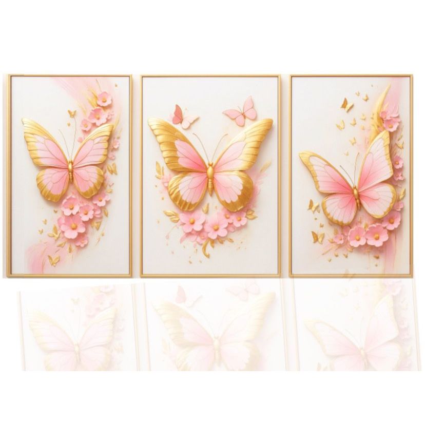 Quadro Decorativo 3 peças Borboleta Rose Ouro Luxo Estilo para quarto e sala envio rápido em Oferta na Shopee