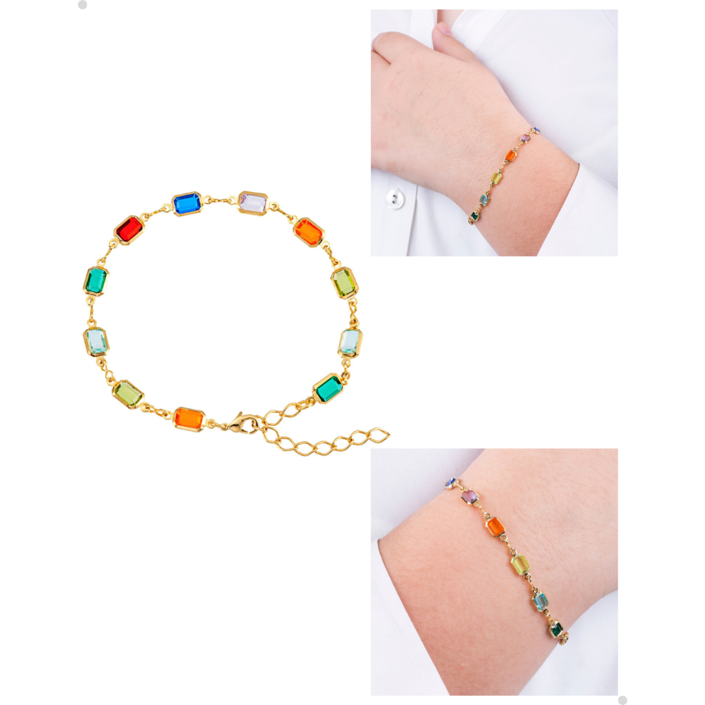 Pulseira Feminina com pedras colorida banhada a ouro 18k