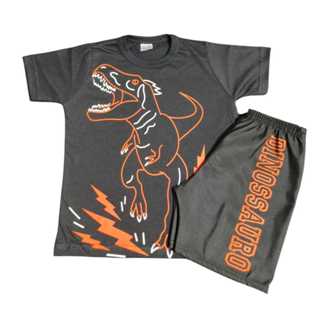 conjunto manga curta infantil de menino temático do dinossauro preto em Oferta na Shopee