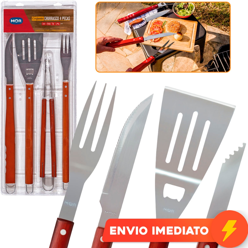 Kit Churrasqueiro 4 Peças Aço Inox Mor Faca Garfo Espátula Pegador Cabo Madeira Profissional