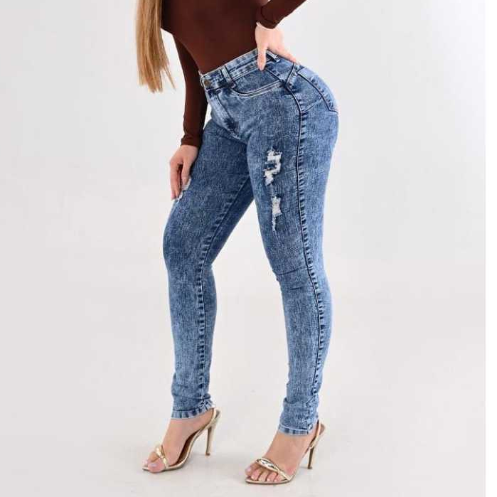 Calça Jeans Feminina Skinny Clara Marmorizada Cós Alto Empina Bumbum Com lycra Lançamento Promoção