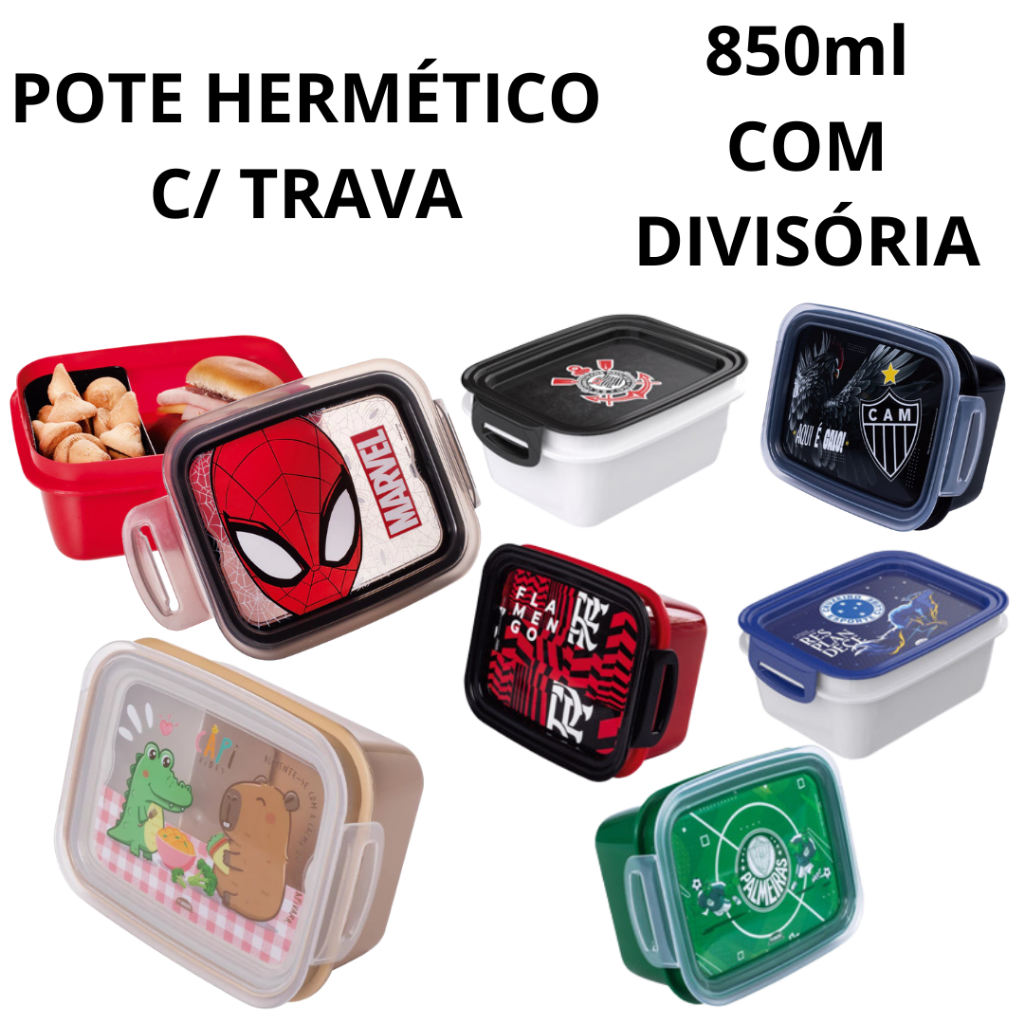 Marmita Hermética 850ml com Trava e Separação TIME Capivara Homem Aranha Plasútil