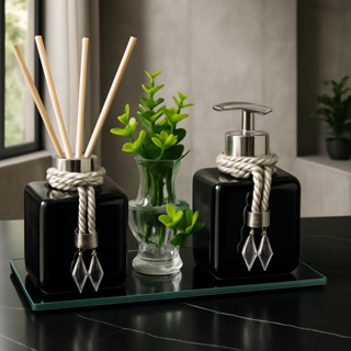 Kit  Lavabo Banheiro Moderno Luxo c/ Saboneteira 300 ml Aromatizador Vaso Bandeja em Oferta na Shopee