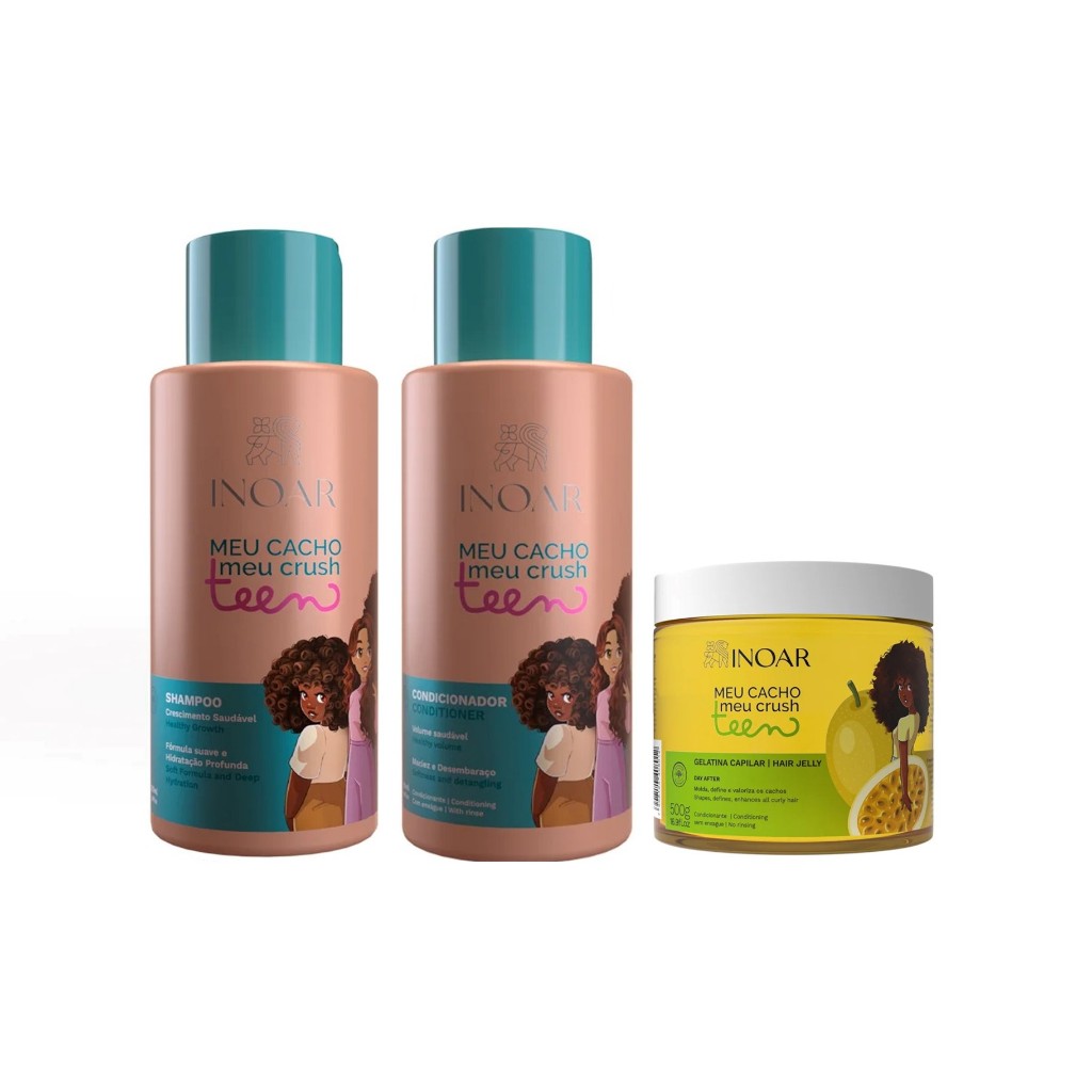 Inoar Kit Meu Cacho Meu Crush Teen Shampoo e Condicionador 500ml + Gelatina Maracujá 500g
