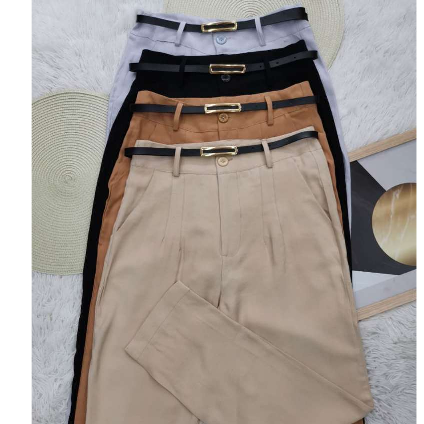 Calca feminina  tecido de marrant com bolso e cinto solcial em Oferta na Shopee