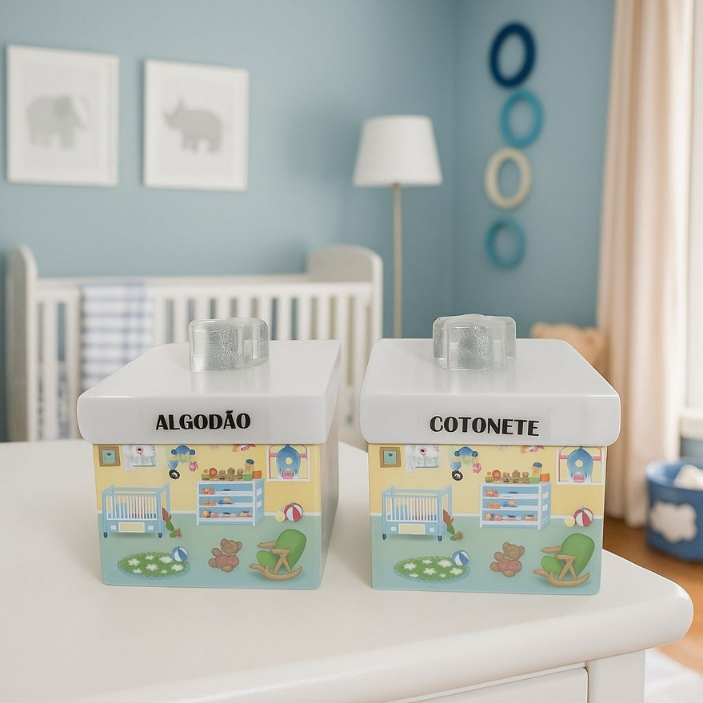 Kit Higiene Bebe Porta Algodão e Cotonete - Caixa Organizadora Multiuso Chá de Bebê Enchoval Menino
