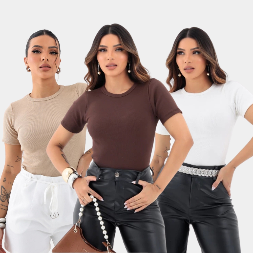 Kit 3 Blusas Feminina estilosa Ribana Canelada Elegante Lisa chique moda verão modinha