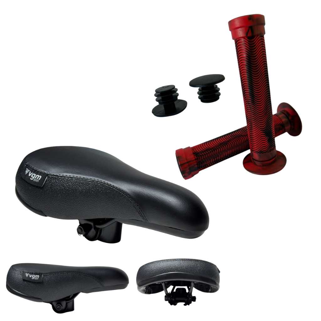 Selim Banco VGM Inspired Bike Bmx Grau Willing + Manopla Bmx  vermelha Importada Dirt Willing Grau Tipo Gios