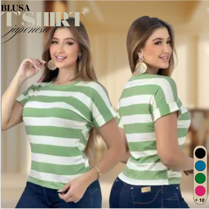 Blusa T-shirt Listrada Bicolor Manga Curta Doblada Cores Verao Inverno Tendencia 2025 Viscolycra Premium