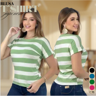 Blusa T-shirt Listrada Bicolor Manga Curta Doblada Cores Verao Inverno Tendencia 2025 Viscolycra Premium