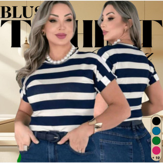 Blusa T-shirt Listrada Bicolor Manga Curta Doblada Cores Verao Inverno Tendencia 2025 Viscolycra Premium