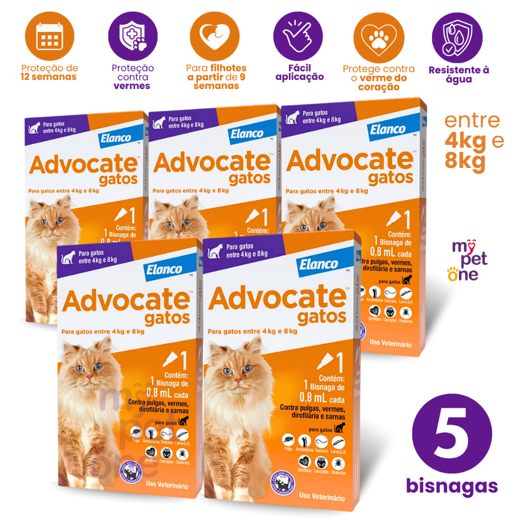 Kit 5 Antipulgas Advocate Elanco 0,8 mL para Gatos de 4 a 8 Kg - 1 Bisnaga em Oferta na Shopee