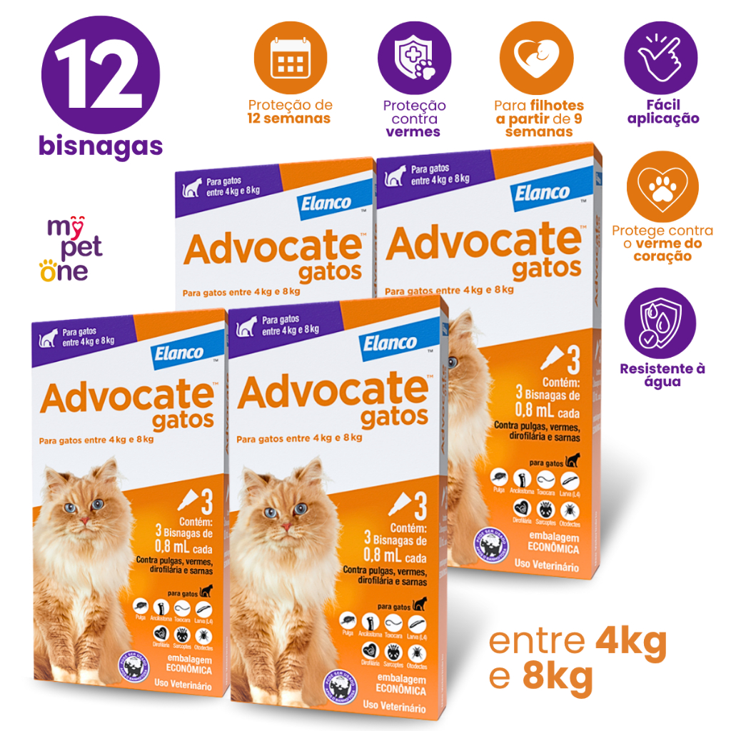 Kit 4 Antipulgas Advocate Elanco 0,8 mL para Gatos de 4 a 8 Kg - 3 Bisnagas