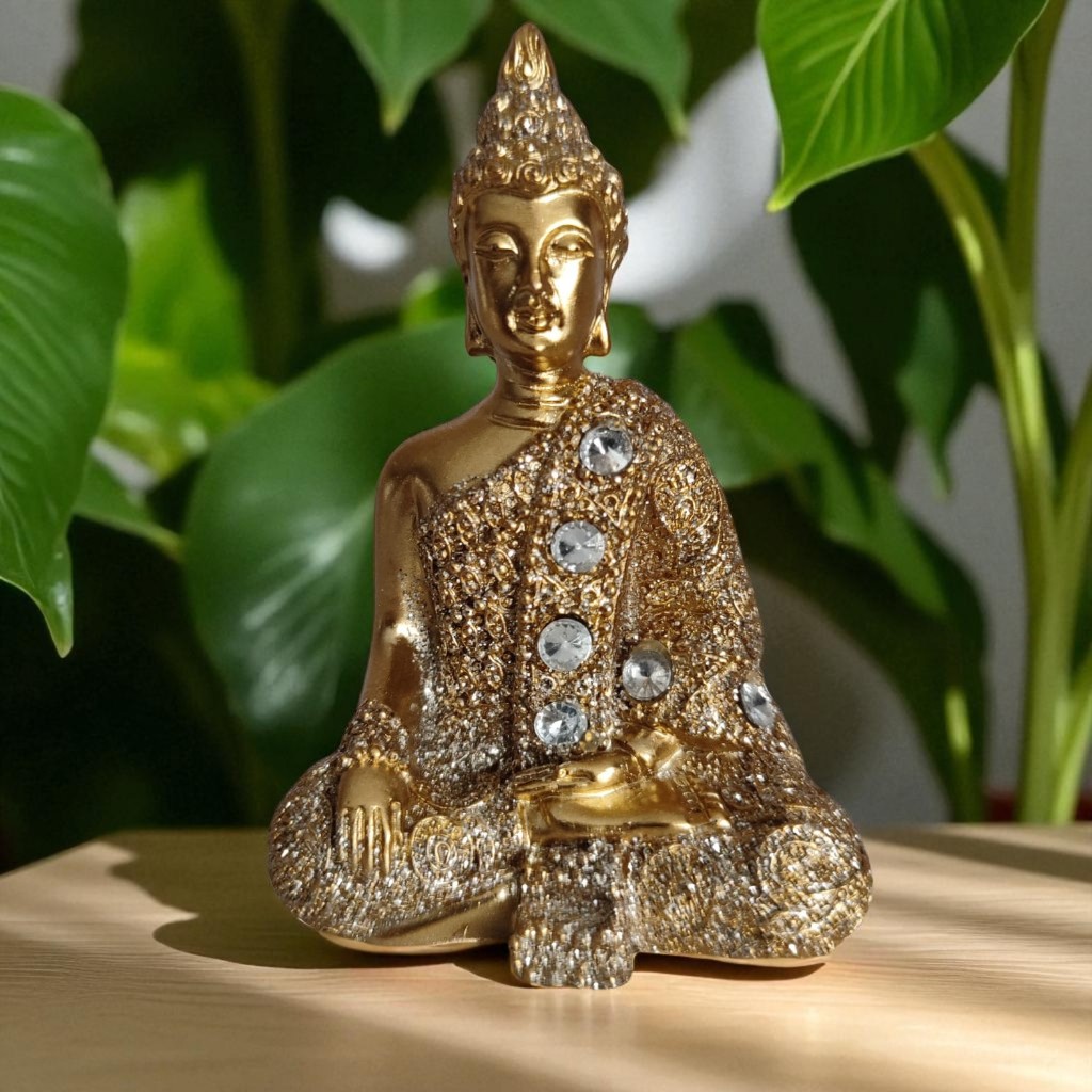 Imagem Estátua Buda da Prosperidade Dourada em Resina – Decoração Feng Shui Sala Escritório Enfeite de Mesa