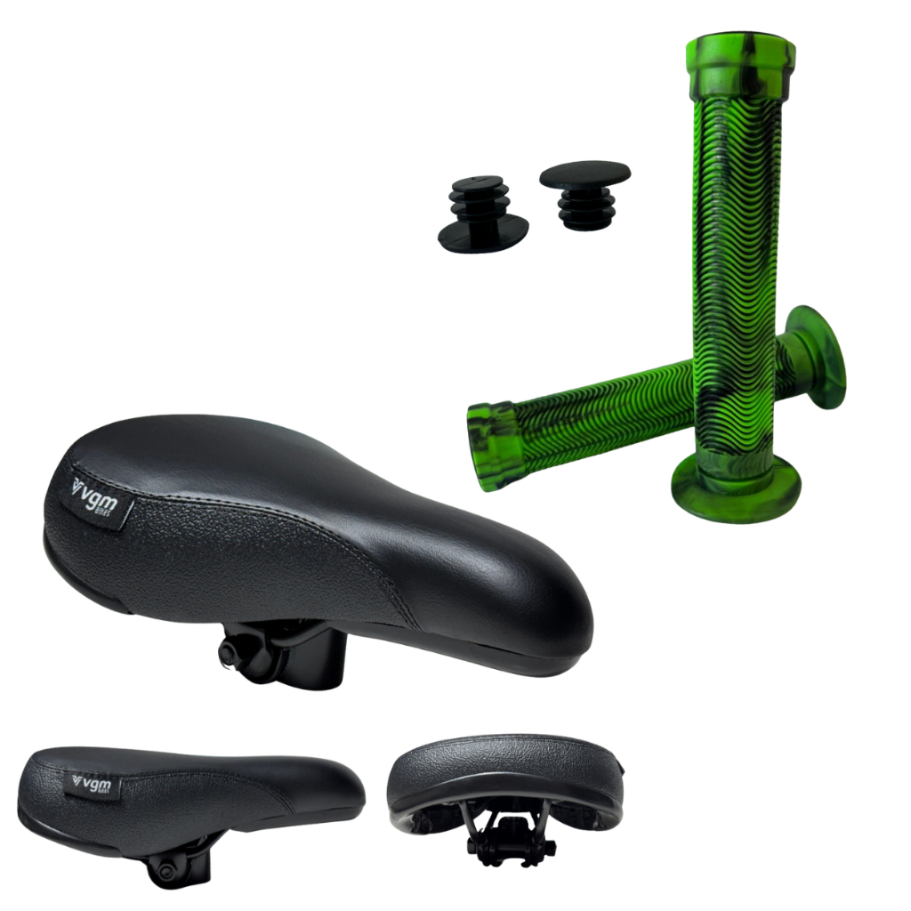 Selim Banco VGM Inspired Bike Bmx Grau Willing + Manopla Bmx Verde Preta Importada Dirt Willing Grau Tipo Gios