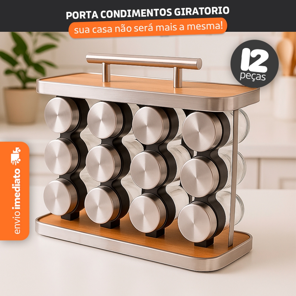 Porta Tempero Vertical Madeira Inox Com Alça 12 Potes Vidro Área Gourmet Cozinha