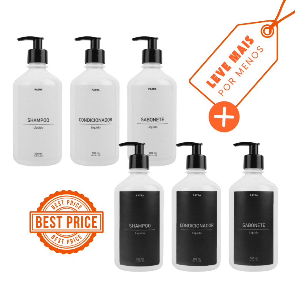 2 Kit Banho Frasco Branco 3pçs Shampoo Condicionador e Sabonete líquido Dispenser 500ml Pharma