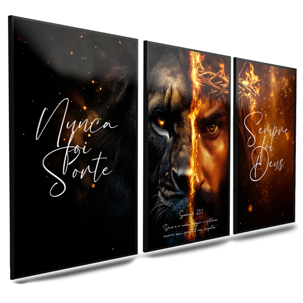 Kit 3 Quadros Decorativos Cristão Leão e Jesus Salmo 23 Nunca Foi Sorte Sempre Foi Deus