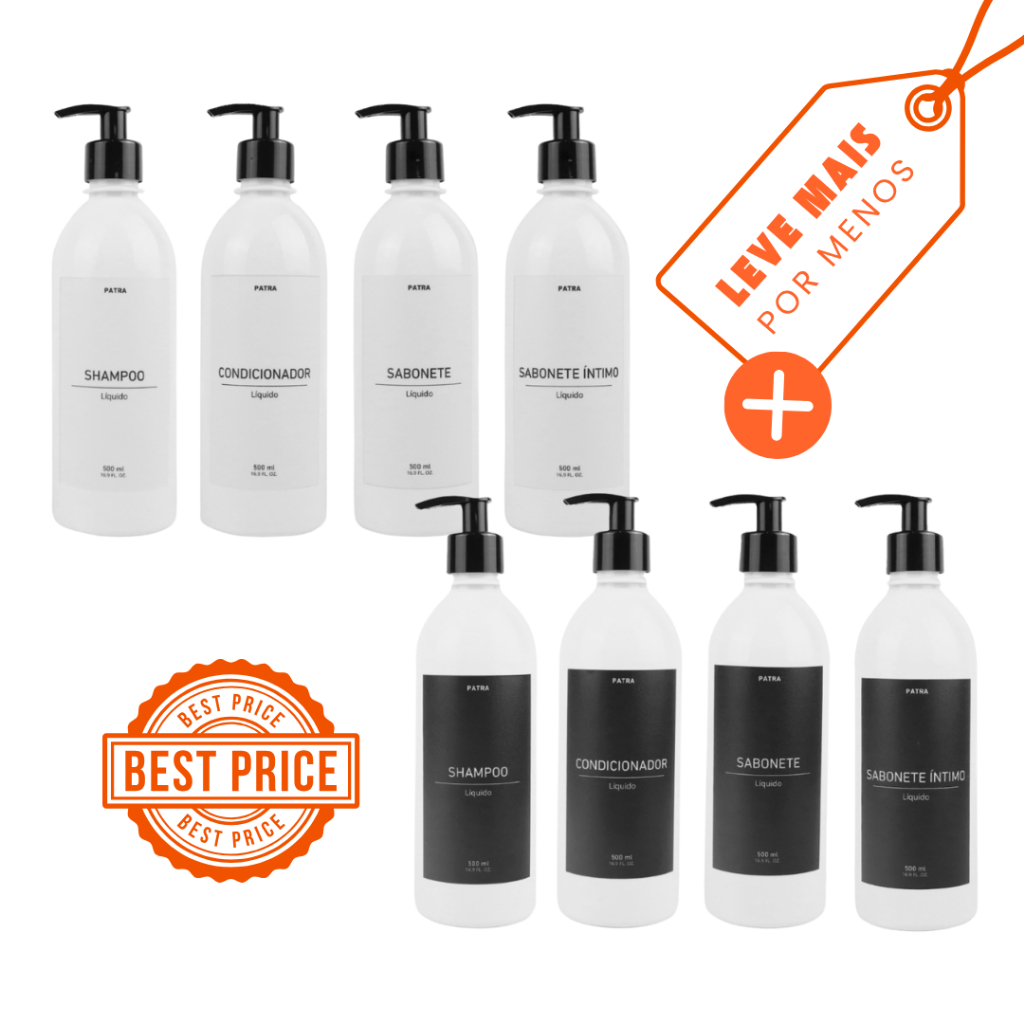 2 Kit Banho Frasco Branco 4pçs Shampoo Condicionador Sabonete líquido e Sabonete íntimo Dispenser 500ml Caçula